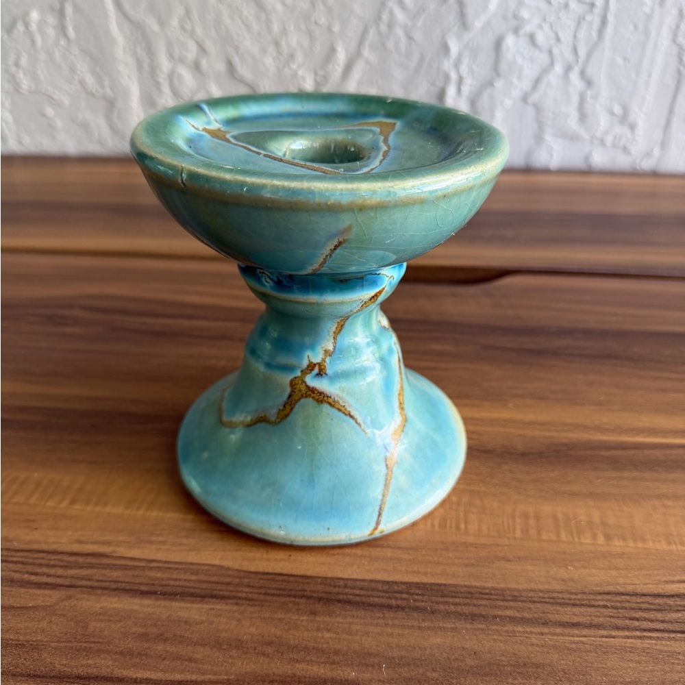 Unique Ceramic Turquoise Candle Holder with Gold Veining